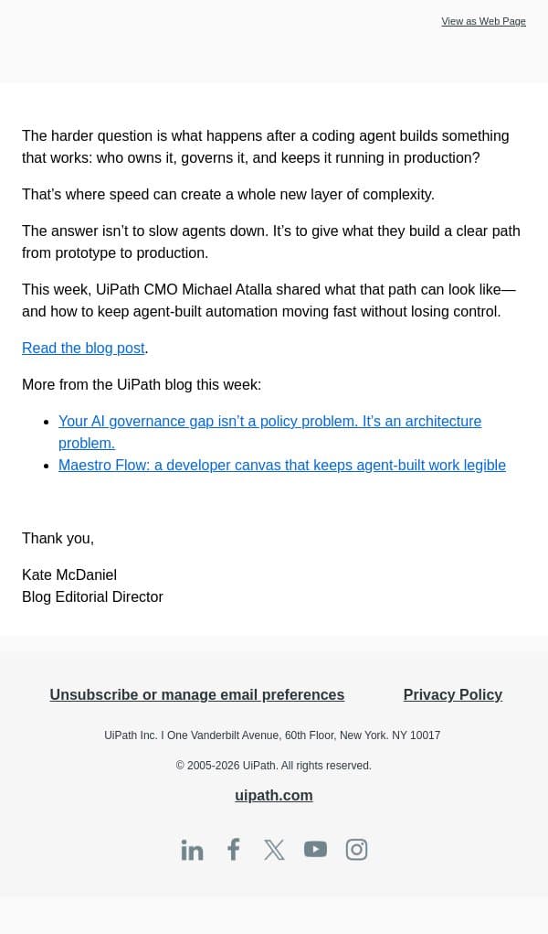 Building faster isn’t the hard part anymore email from UiPath screenshot