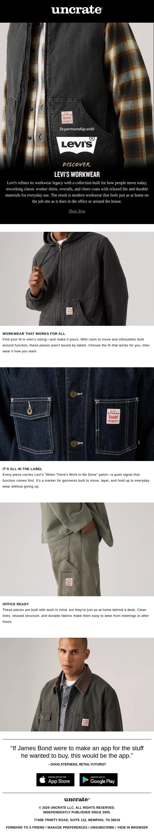 Discover / Levi's Workwear email from Uncrate screenshot