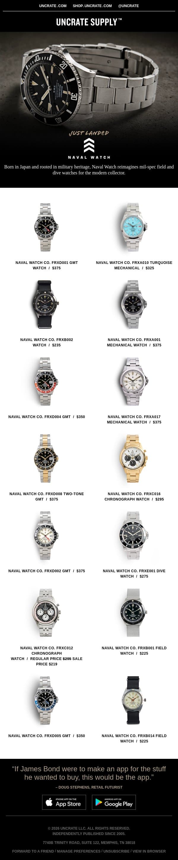 Just Landed / Naval Watch Co. email from Uncrate screenshot
