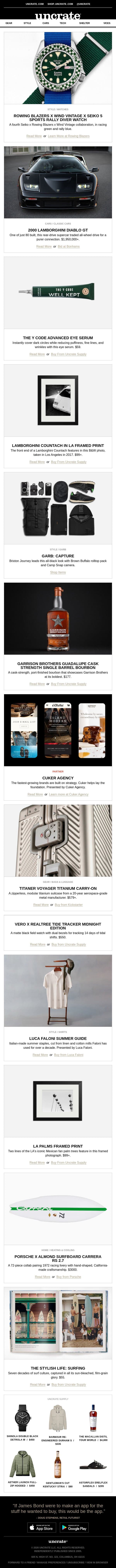 Rowing Blazers x Wind Vintage x Seiko 5 Sports Rally Diver Watch & more email from Uncrate screenshot