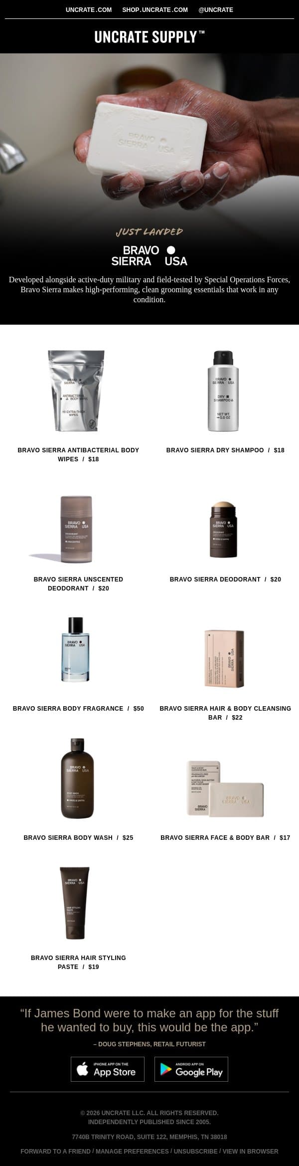 Just Landed / Bravo Sierra email from Uncrate screenshot