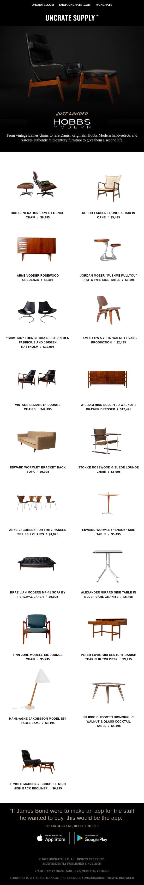 Just Landed / Hobbs Modern email from Uncrate screenshot