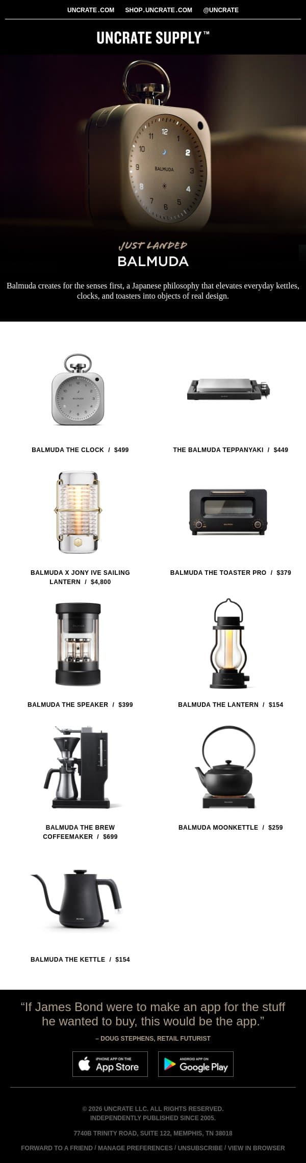 Just Landed / Balmuda email from Uncrate screenshot