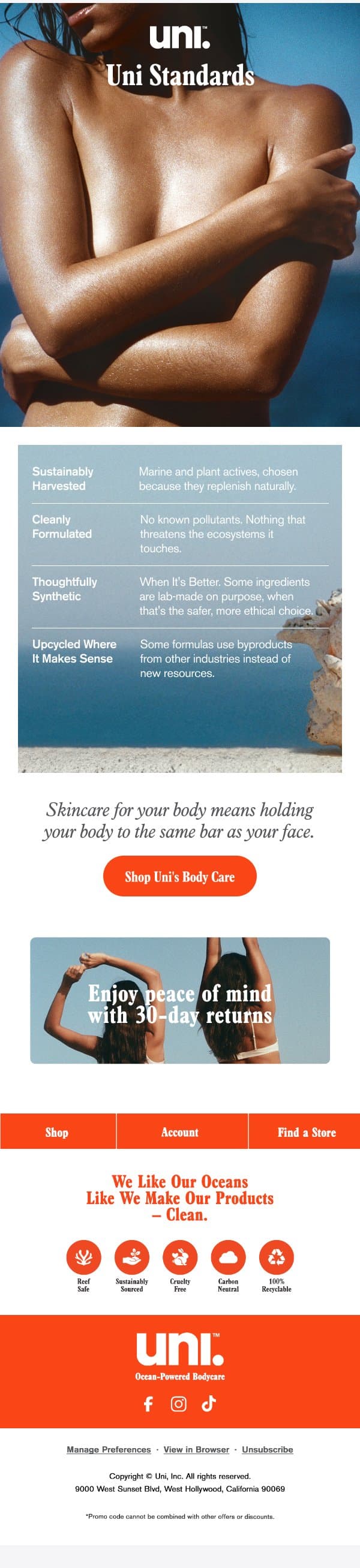 Skincare-level care, held to a skincare-level standard. email from Uni screenshot