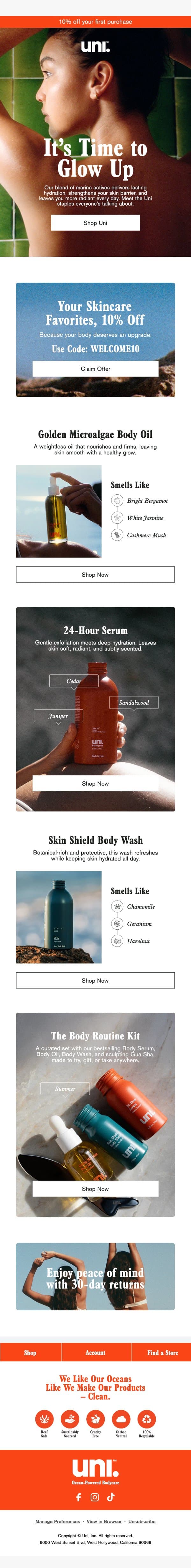 10% off Your Skincare Go-Tos email from Uni screenshot