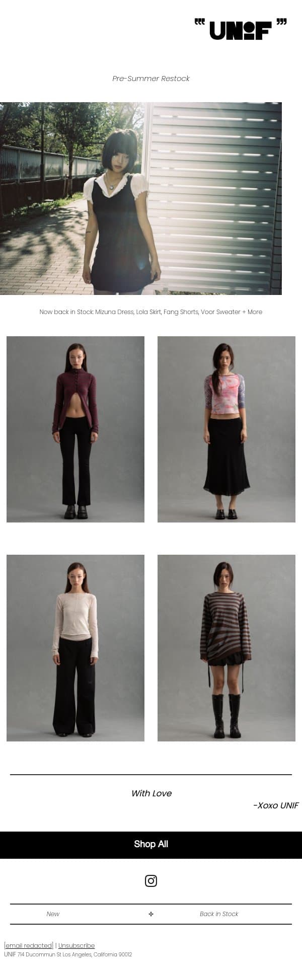 Back in Stock email from UNIF screenshot