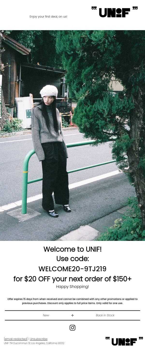 Welcome to UNIF xoxo email from UNIF screenshot