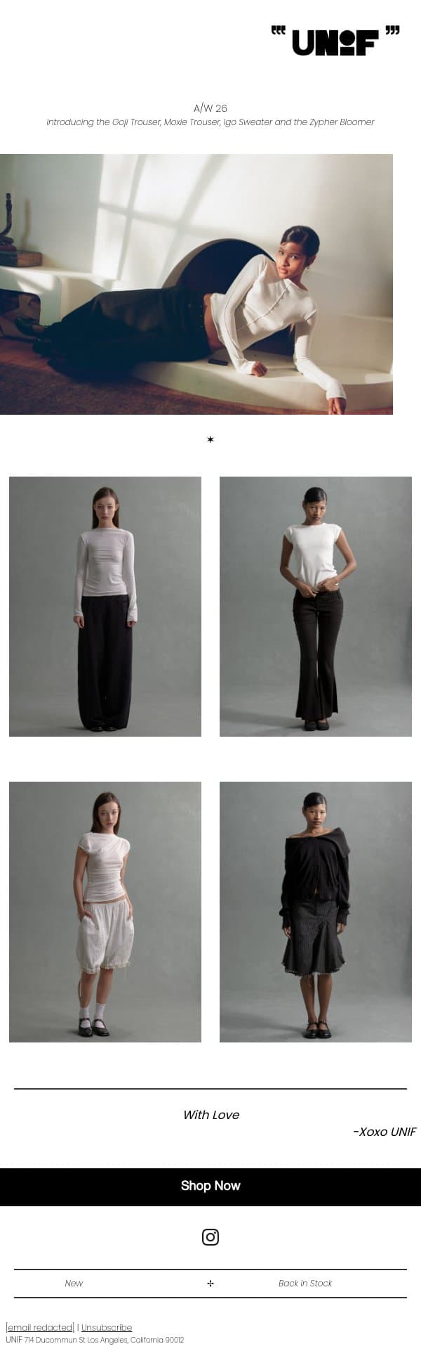 A/W '26 email from UNIF screenshot