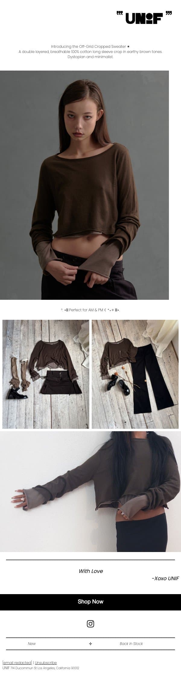 New | Off-Grid Cropped Sweater email from UNIF screenshot