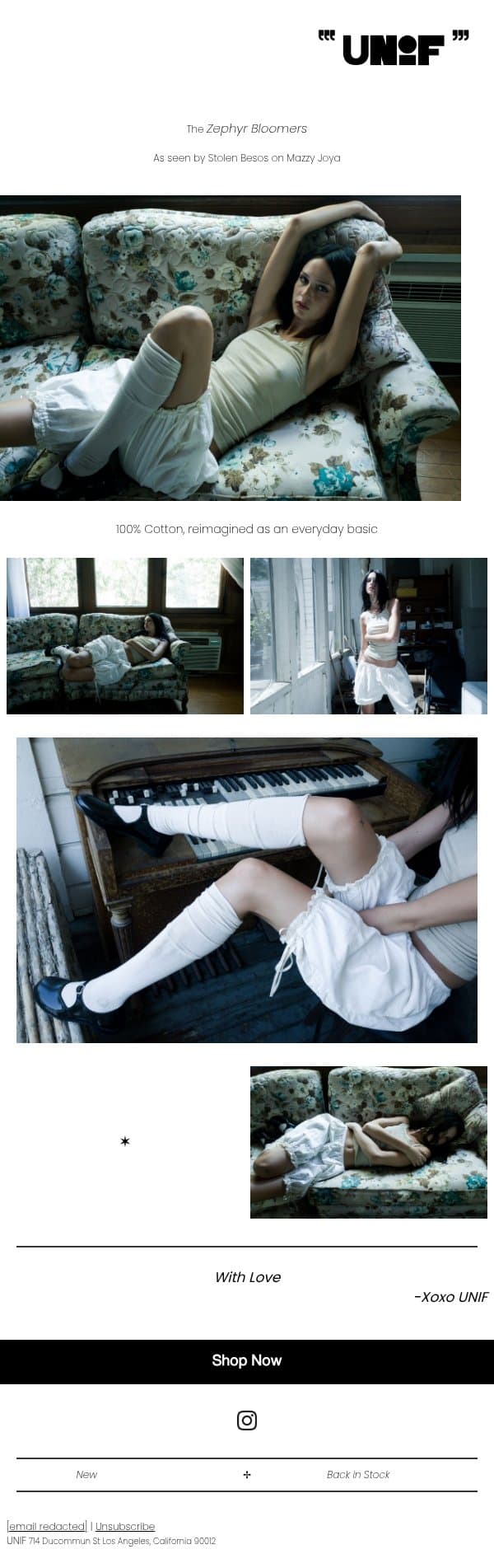 The Zephyr Bloomers email from UNIF screenshot