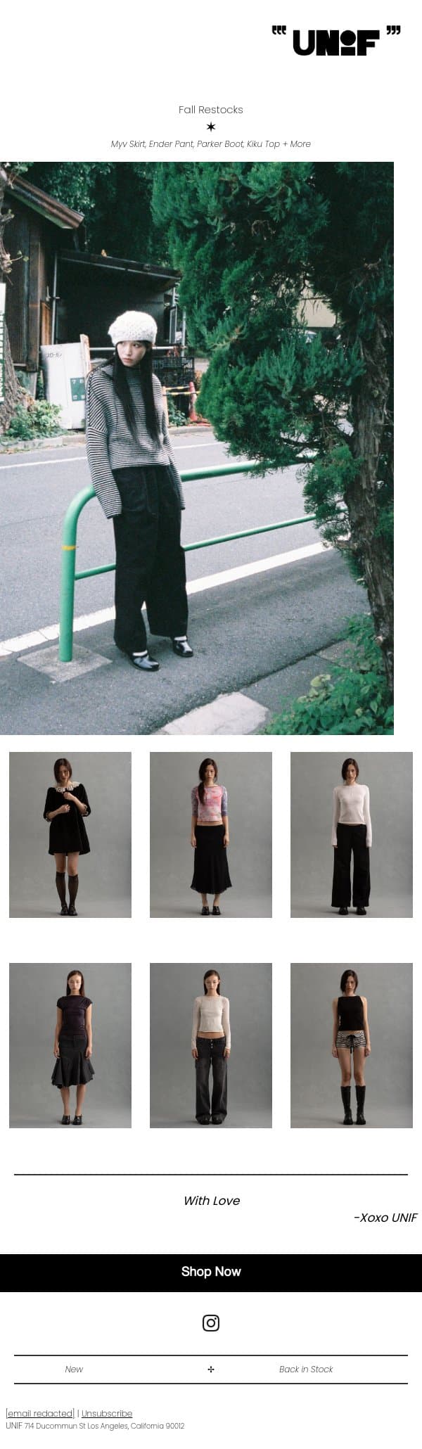 Fall Restocks email from UNIF screenshot