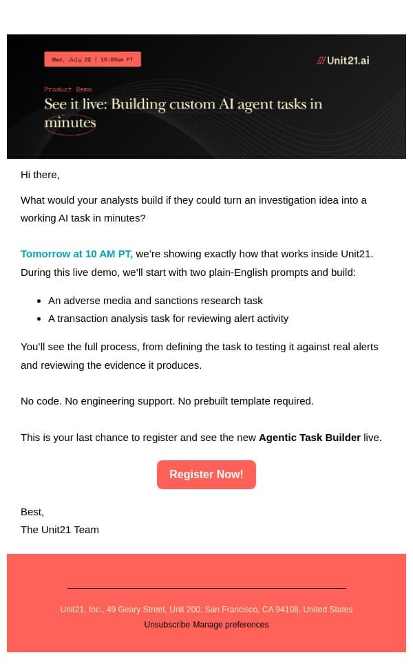 Final reminder: See AI Agent tasks built live email from Unit21 screenshot