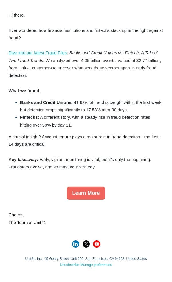 🤔 41.62% of Fraud Is Detected in Week 1—But Then What? email from Unit21 screenshot
