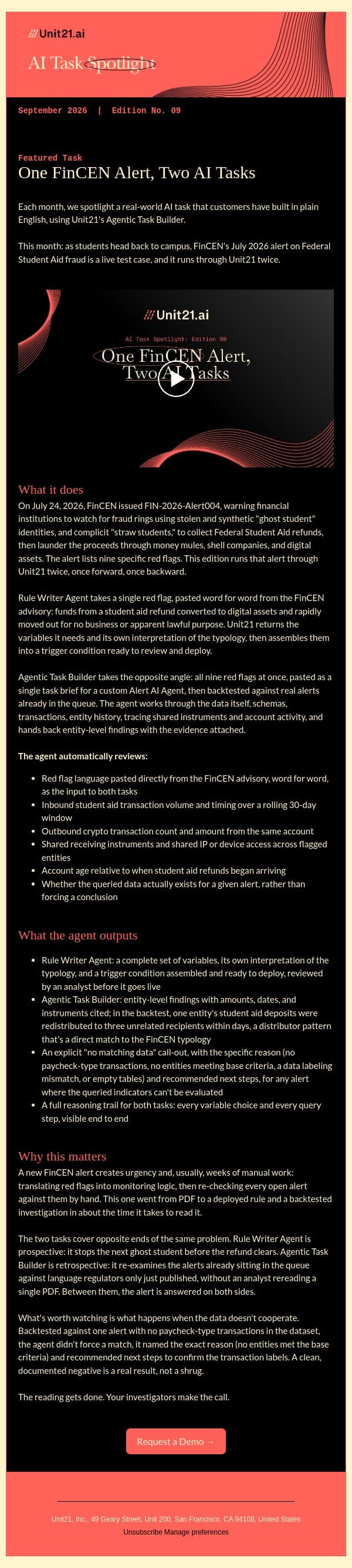 FinCEN's new red flags for student aid fraud, already built email from Unit21 screenshot