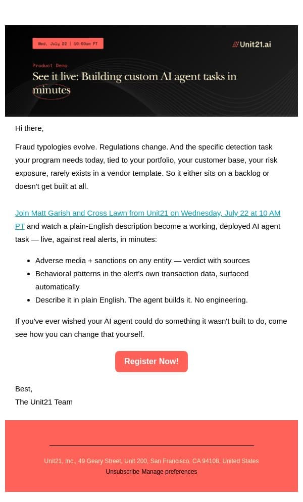 Live demo: Build custom AI agent tasks for your program in minutes email from Unit21 screenshot
