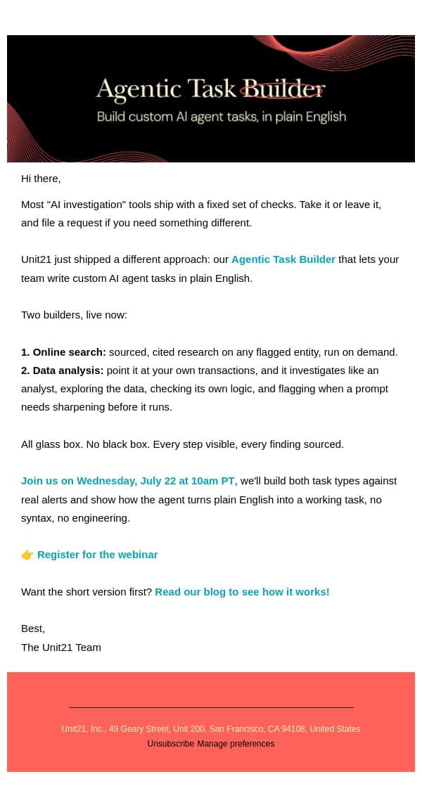 Now live: Agentic Task Builder email from Unit21 screenshot