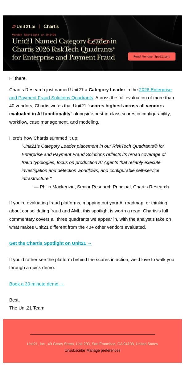 Chartis names Unit21 a Category Leader for Fraud email from Unit21 screenshot