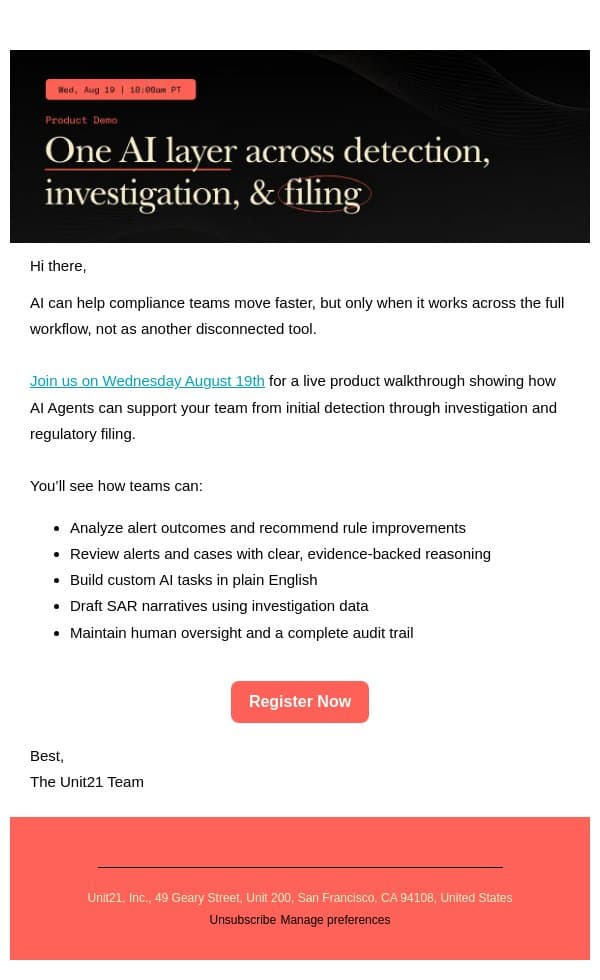 See AI work across the full AML lifecycle email from Unit21 screenshot