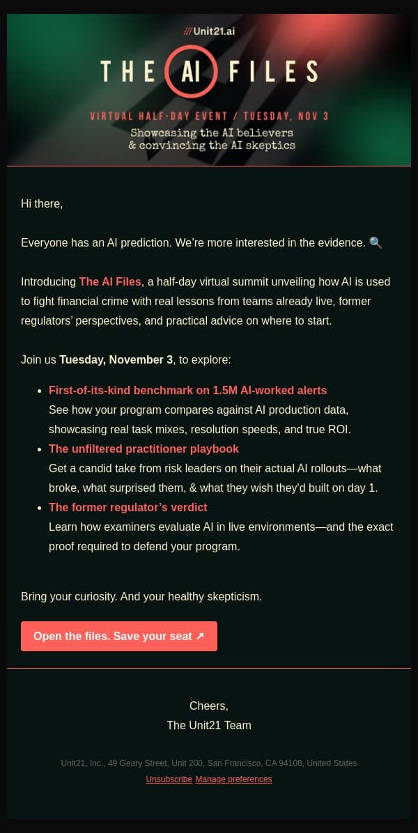 AI believers and skeptics: We’re opening the files email from Unit21 screenshot