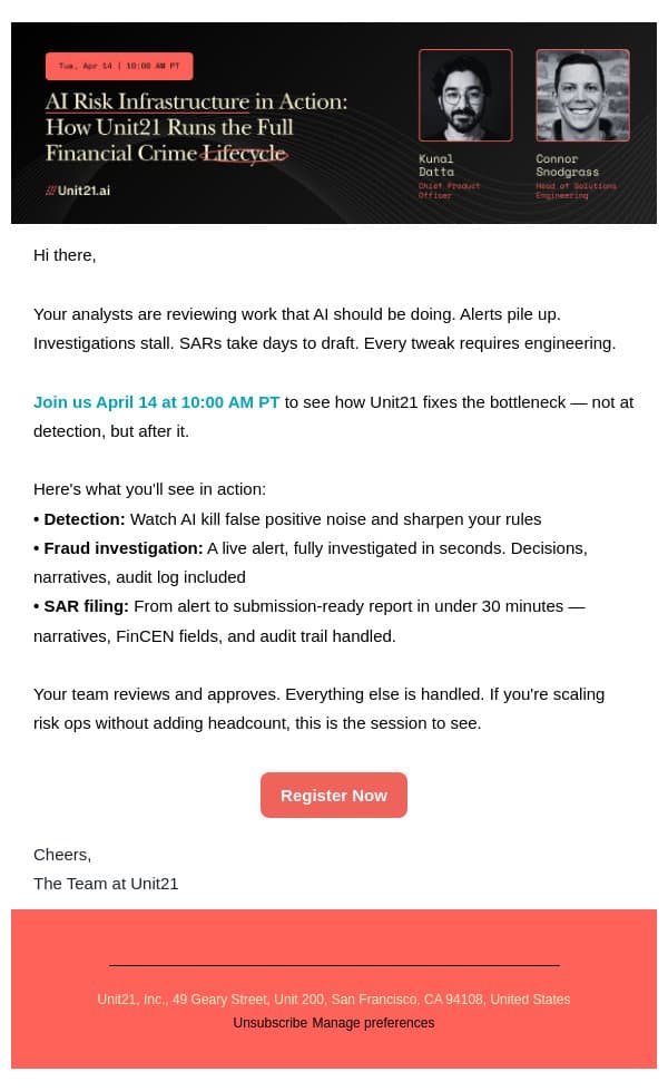 🖥️ Your analysts are doing work AI should handle email from Unit21 screenshot