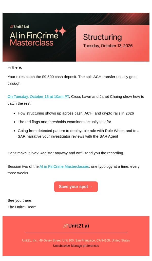 Webinar: Catching the structuring your rules miss email from Unit21 screenshot