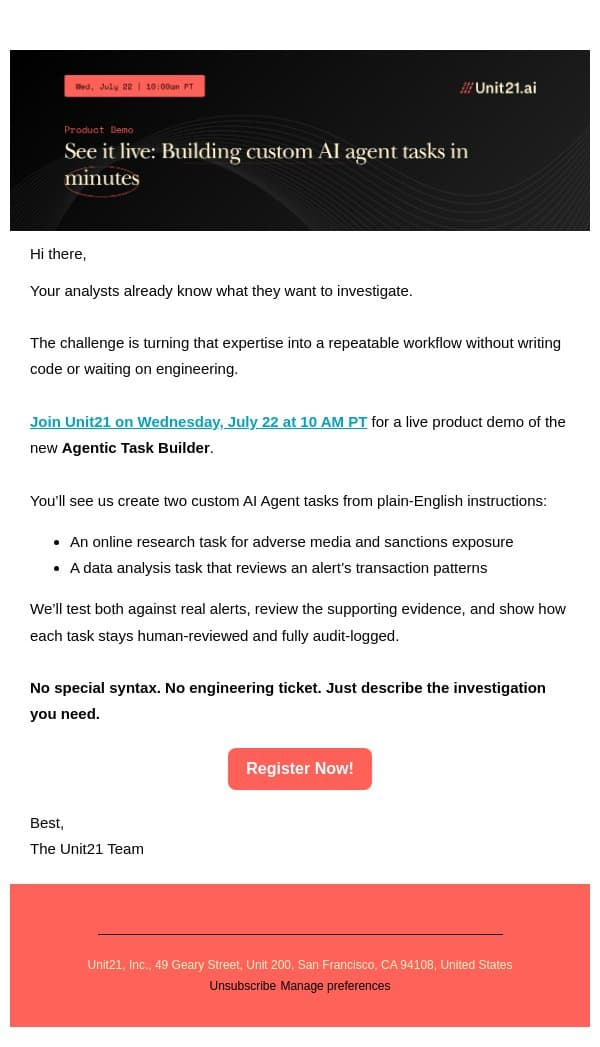 Watch AI Agents Tackle Financial Crime Alerts Live email from Unit21 screenshot