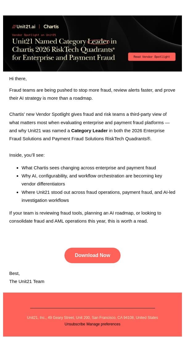 Evaluating fraud platforms in 2026? email from Unit21 screenshot