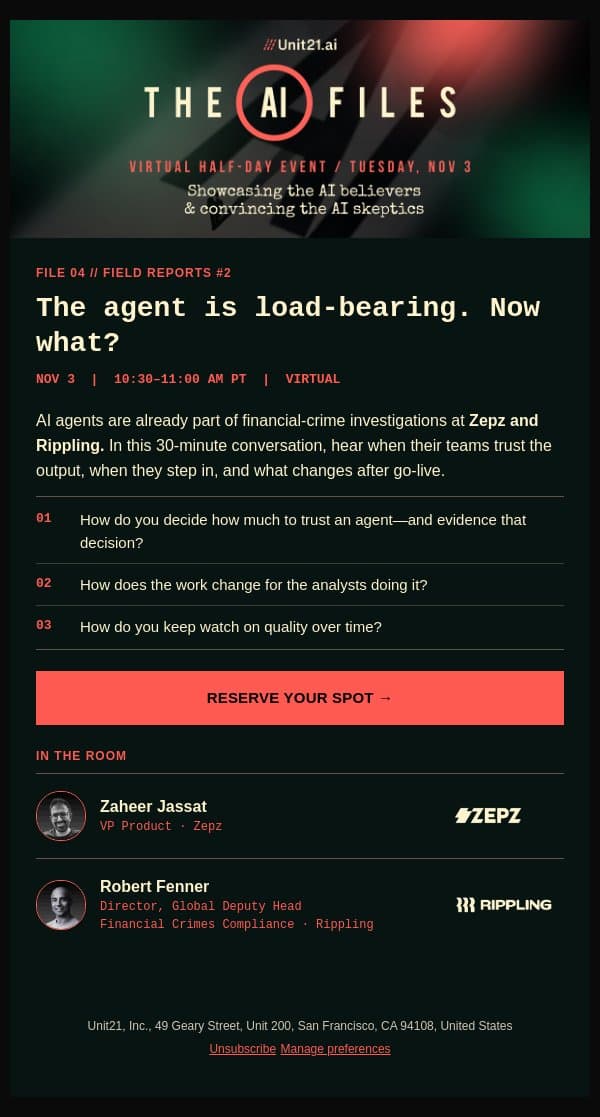 The AI Files: What Zepz + Rippling learned about AI email from Unit21 screenshot