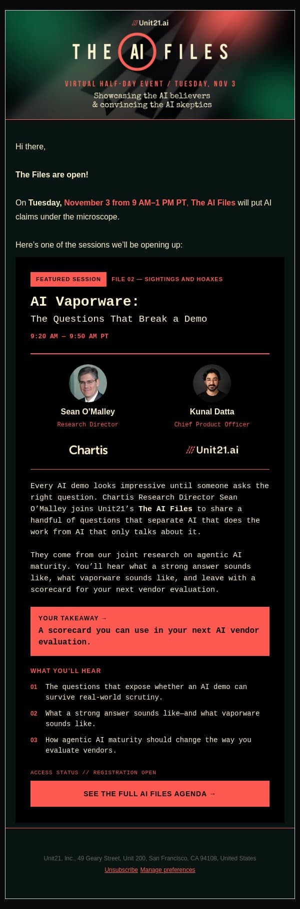 The AI Files: Chartis on what separates real AI from hype email from Unit21 screenshot