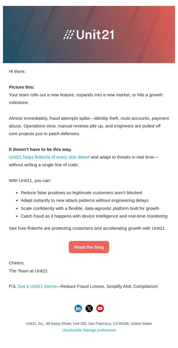 [Blog] Real-time fraud & AML, purpose-built for fintechs. email from Unit21 screenshot