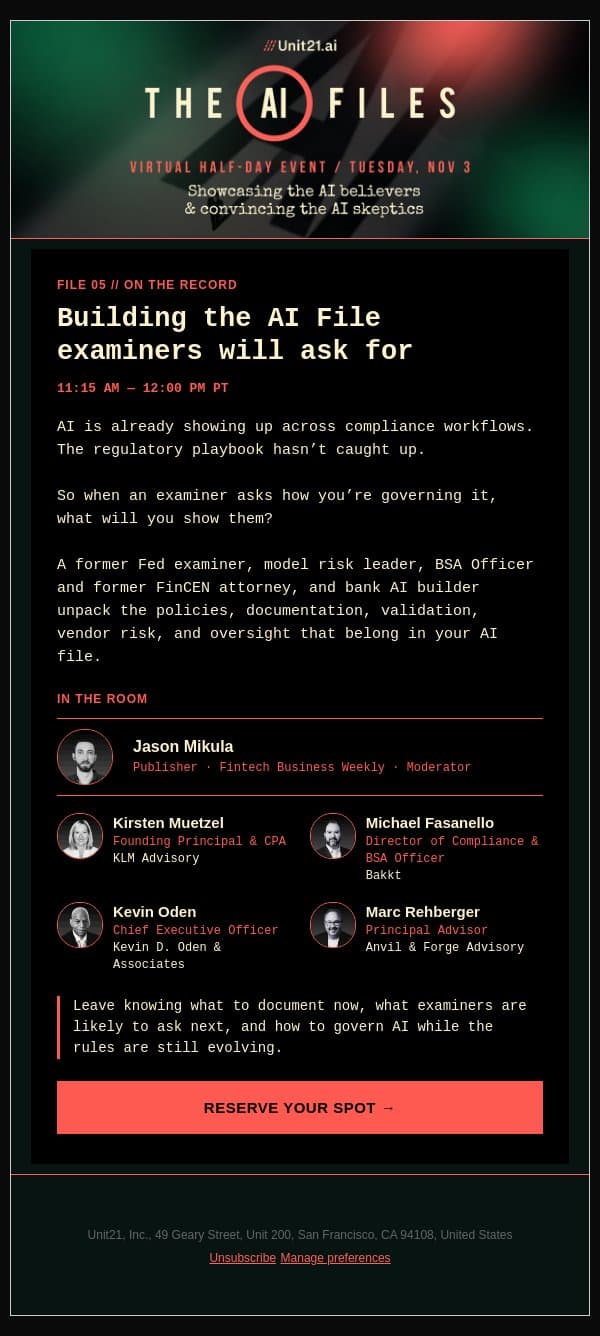 Could you defend your AI to an examiner? email from Unit21 screenshot