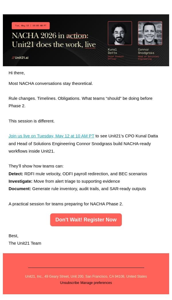 NACHA Phase 2 is coming. See the workflow email from Unit21 screenshot