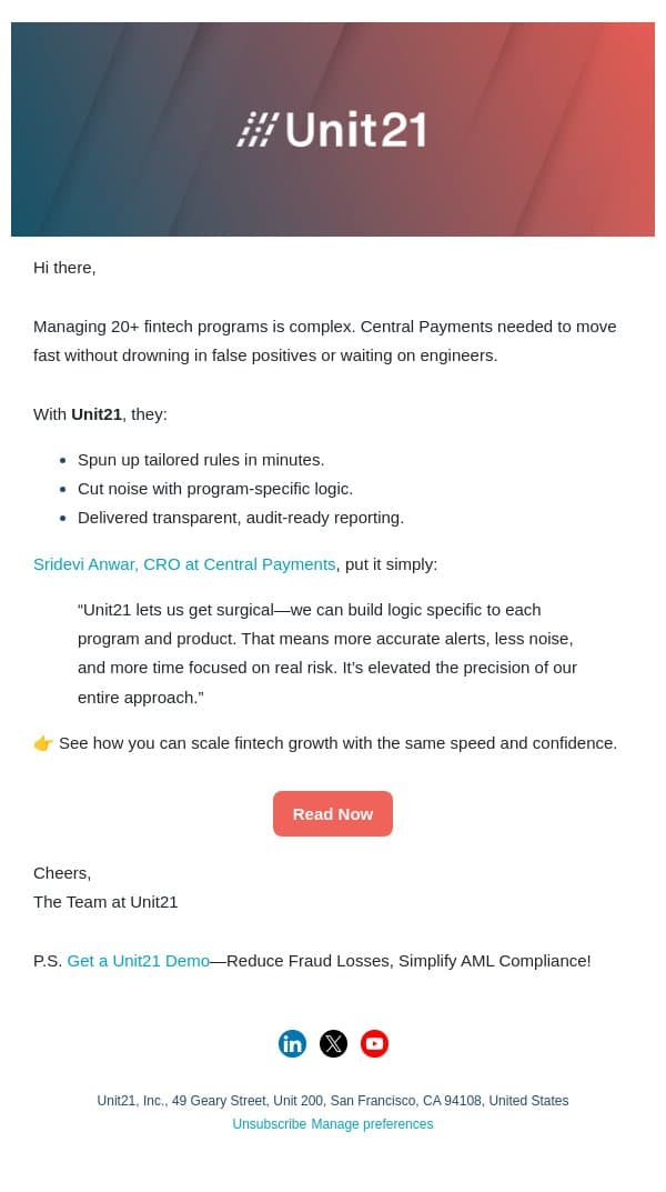 From bottlenecks to speed: Central Payments’ story email from Unit21 screenshot
