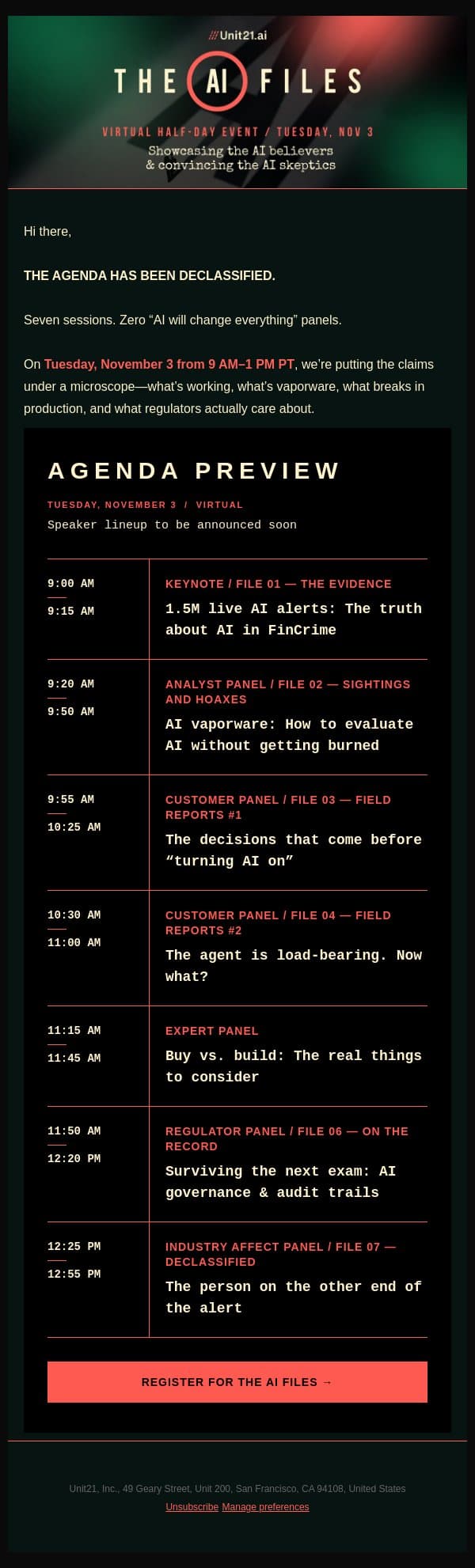 7 real-world convos about AI in FinCrime. email from Unit21 screenshot