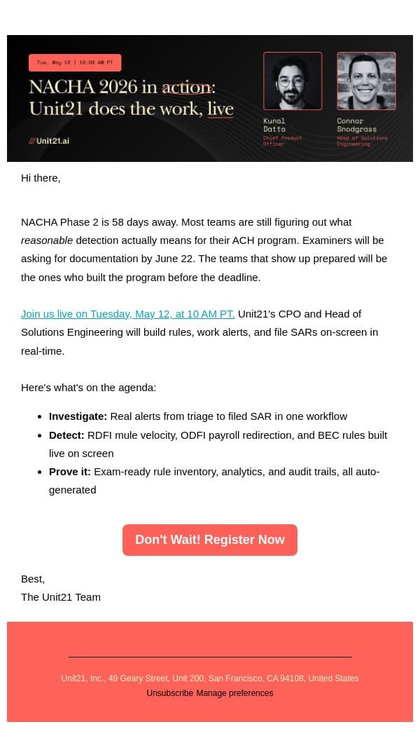 58 days to NACHA Phase 2 — see Unit21 build the rules live email from Unit21 screenshot
