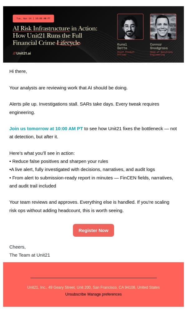 [Webinar] Tomorrow at 10 AM: AI handling investigations end-to-end email from Unit21 screenshot