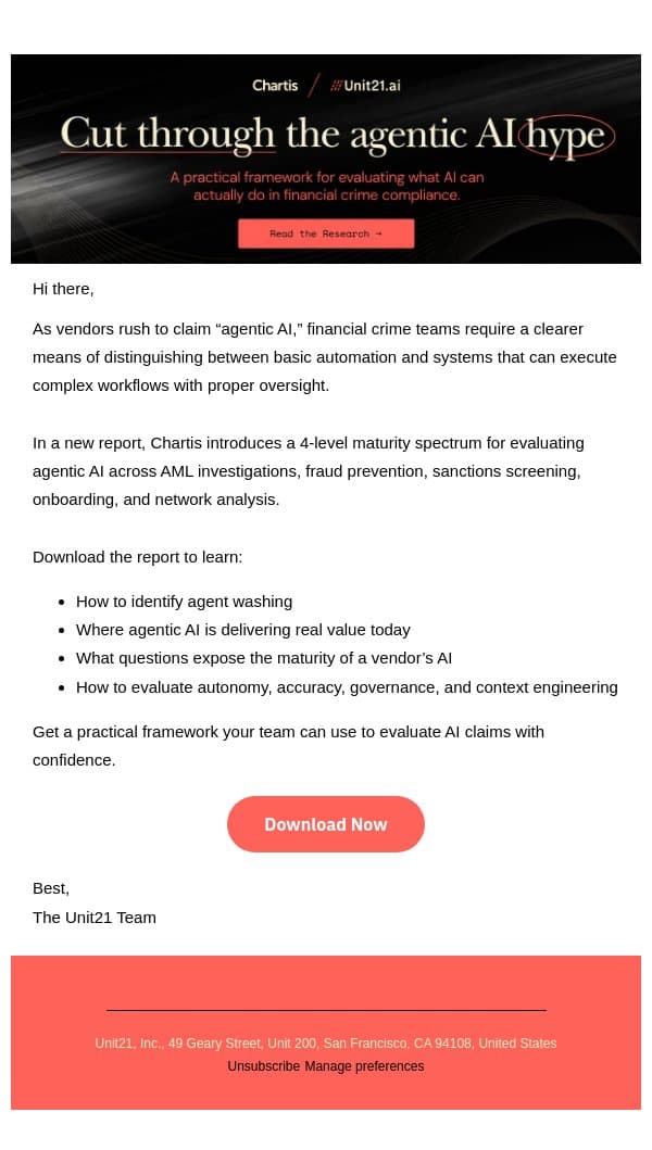 A framework for evaluating agentic AI: New Chartis report email from Unit21 screenshot