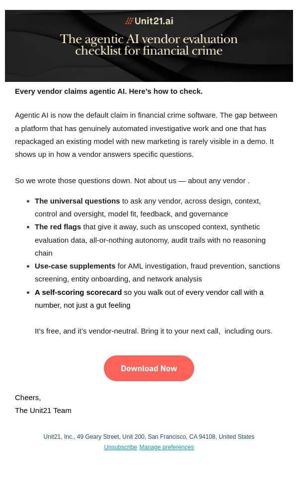 The questions most AI vendors hope you don’t ask email from Unit21 screenshot