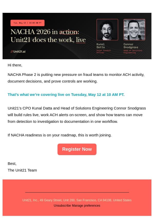 NACHA readiness, live email from Unit21 screenshot