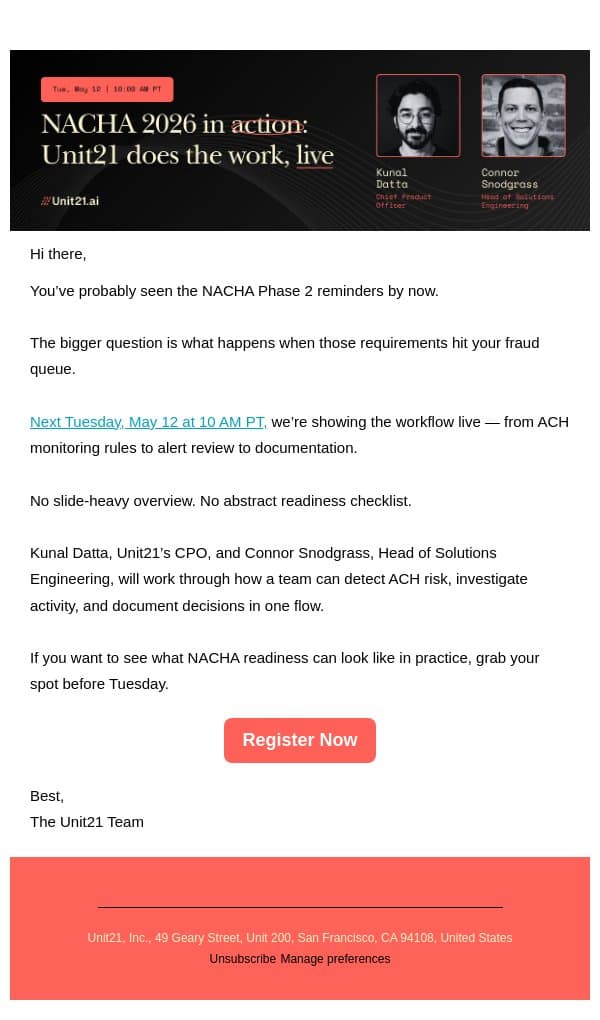 Final reminder: NACHA webinar next week email from Unit21 screenshot