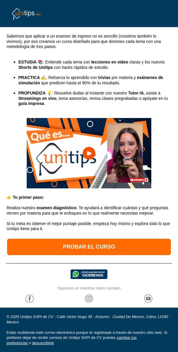 Bienvenido a Unitips, conoce tu curso en 1 minuto email from Unitips screenshot