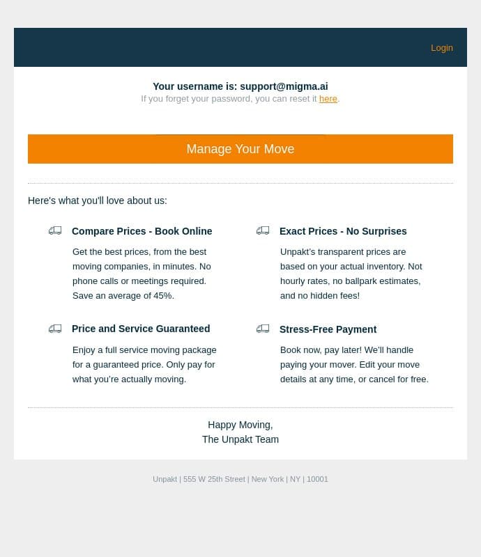 [Unpakt] Welcome! View your move plans here email from Unpakt screenshot