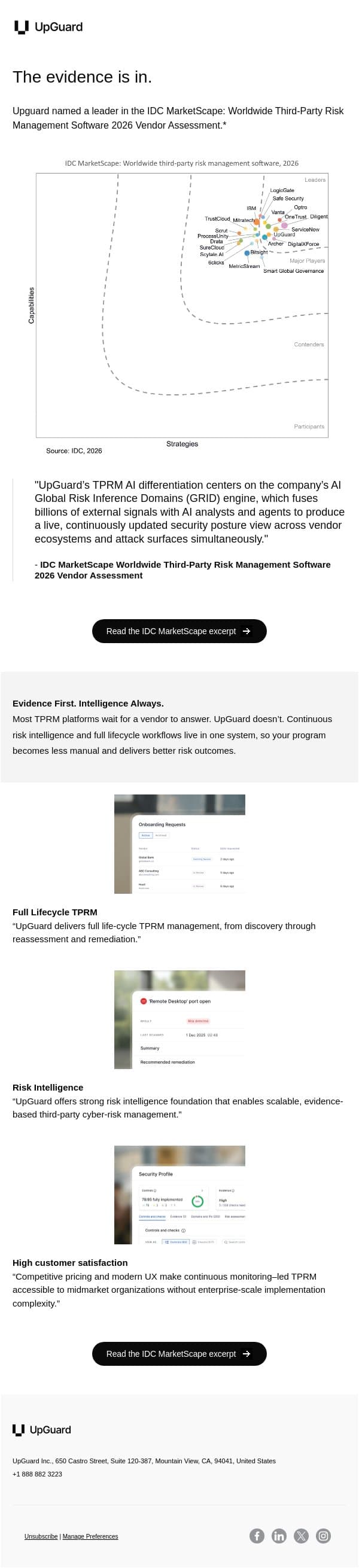 We're really good at TPRM. But don't take our word for it... email from UpGuard screenshot