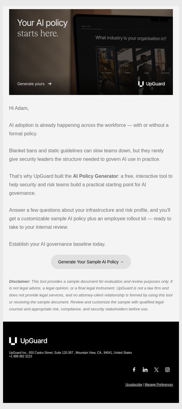Build your free AI Policy toolkit email from UpGuard screenshot