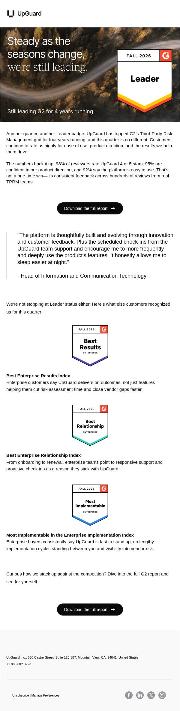 Still the Leader in TPRM, 4+ years running email from UpGuard screenshot
