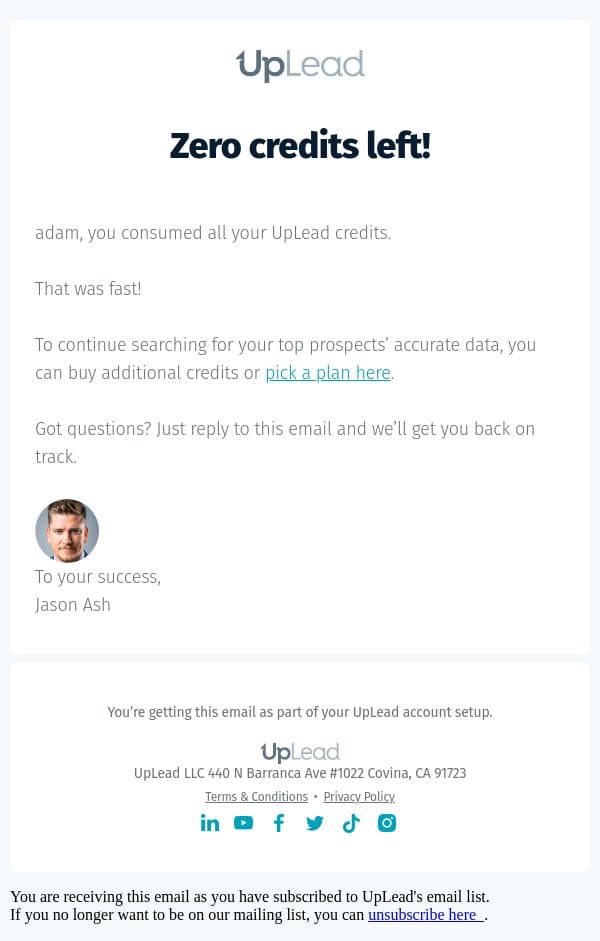 UpLead – Zero credits left! email from UpLead screenshot
