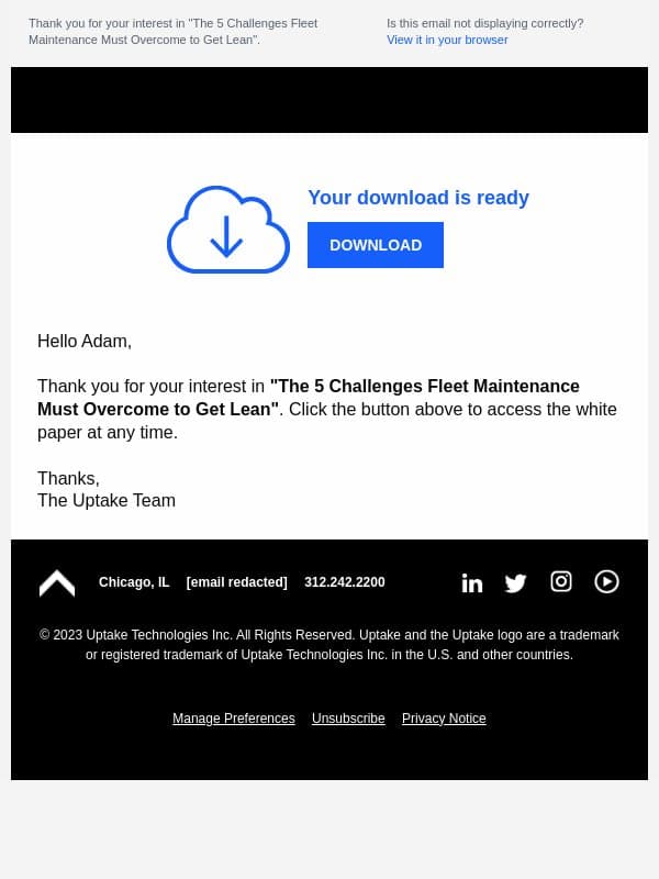 Your Download From Uptake email from Uptake screenshot