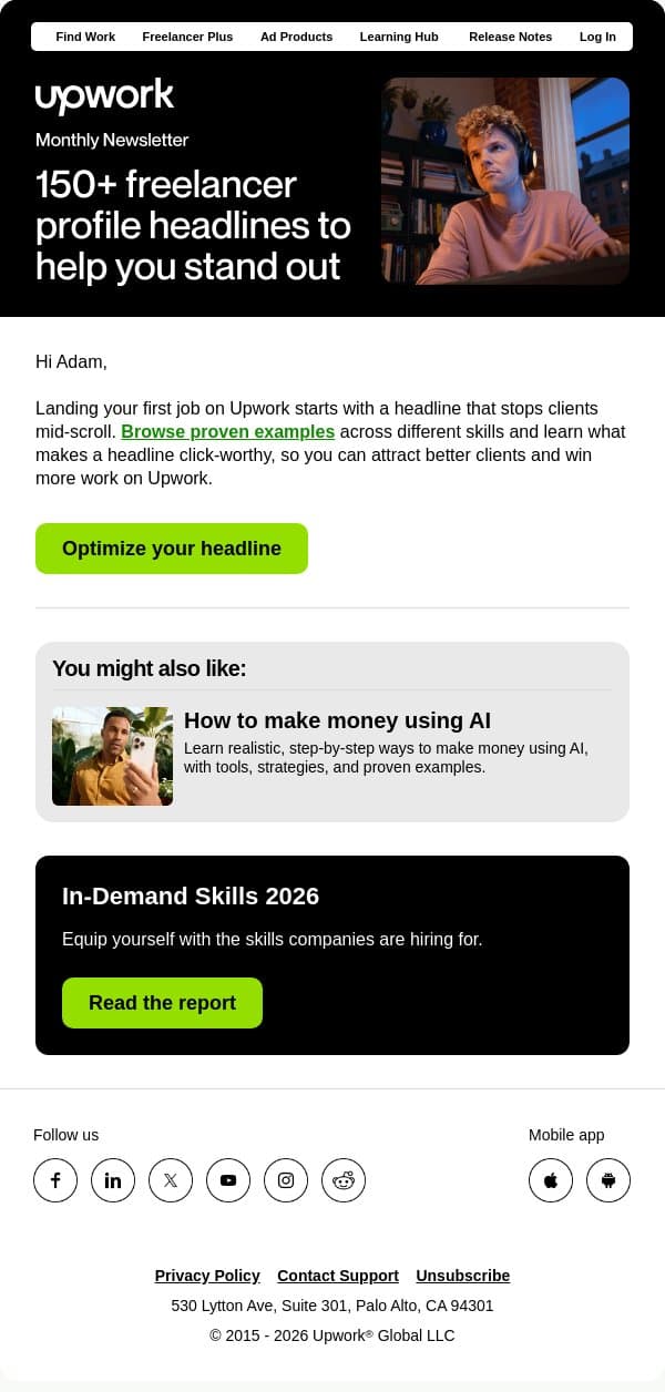 Adam, write a profile headline that wins work email from Upwork screenshot