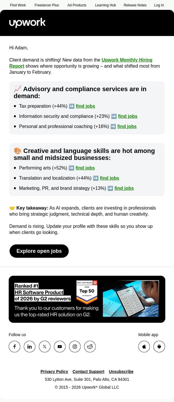 👀 Hiring demand is rising in these areas email from Upwork screenshot