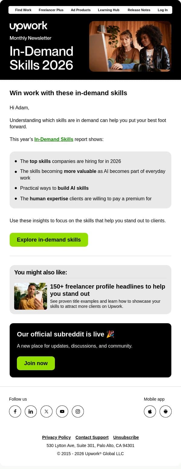 Adam, here's what clients are hiring for in 2026 email from Upwork screenshot